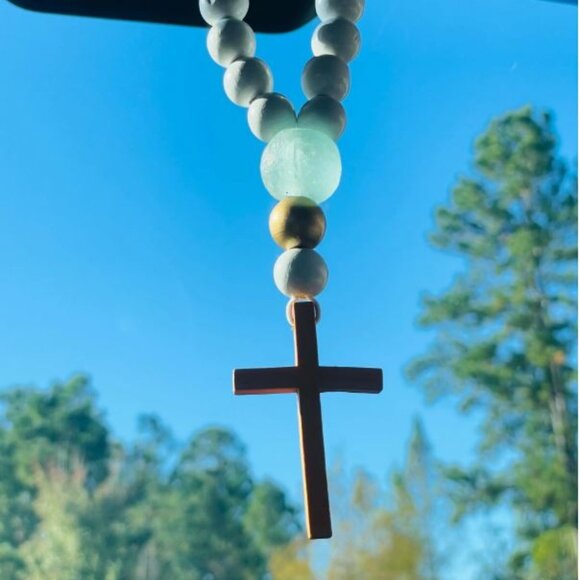 Blessing Bead Cross Pendant, Car Rear View Mirror Accessory, Cross Hanging Charm - Picture 3 of 5
